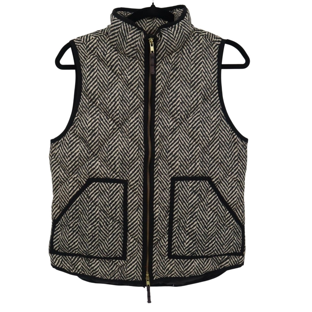 J.Crew Quilted Down Puffer Vest Womens S Black Preppy Academia Classic‎ Chevron